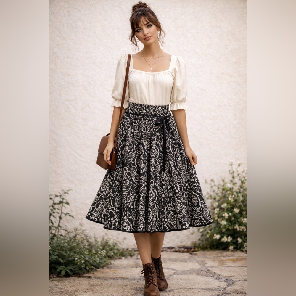 Vintage Jacquard A-Line Midi Skirt Cottagecore Dark‎ Academia Small